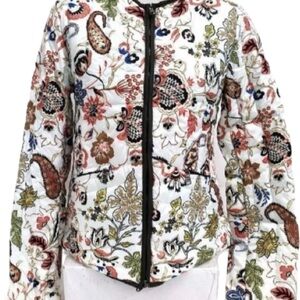 Etro White Quilted Bomber Jacket with Multicolor Paisley & Floral Embroidery